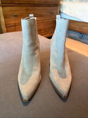 Marc Fisher Pointed Toe Suede Ankle Booties in Taupe